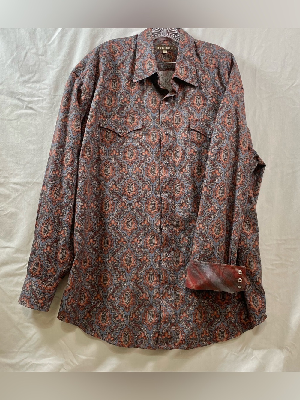Stetson Shirt Mens Sz 2XL Plaid Paisley Flip Cuff Pocket Button Down pearl snap